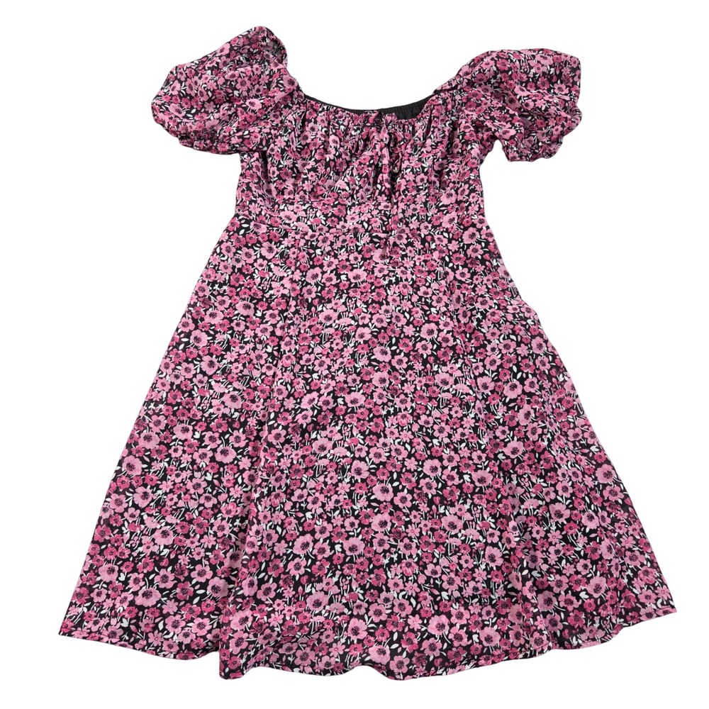 Miami Akiko Dress Womens XS Pink Floral Mini Puff Sleeve Square Neck